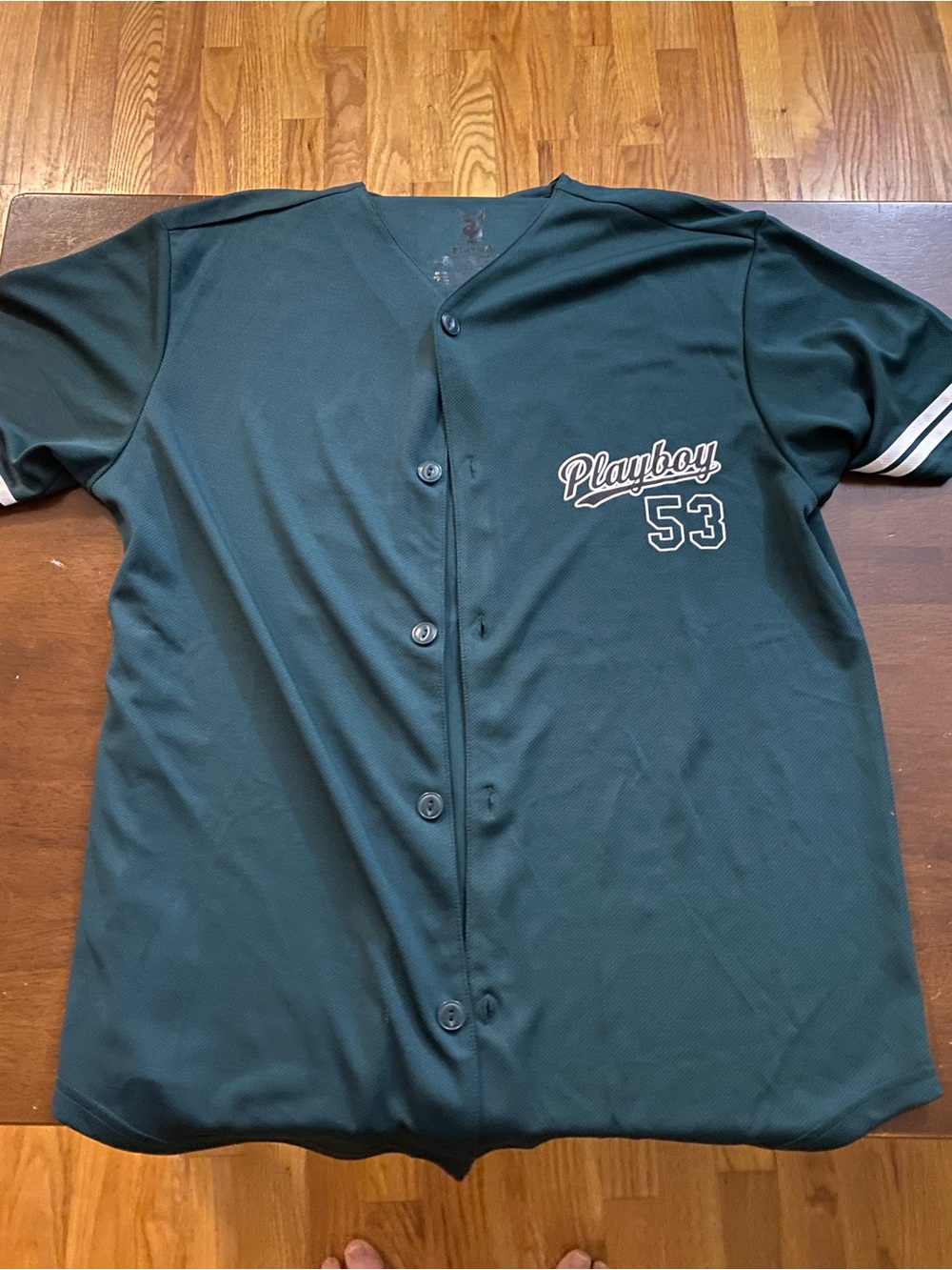 PLAYBOY Dark Green Button-Up Jersey with White Sleeve Stripes